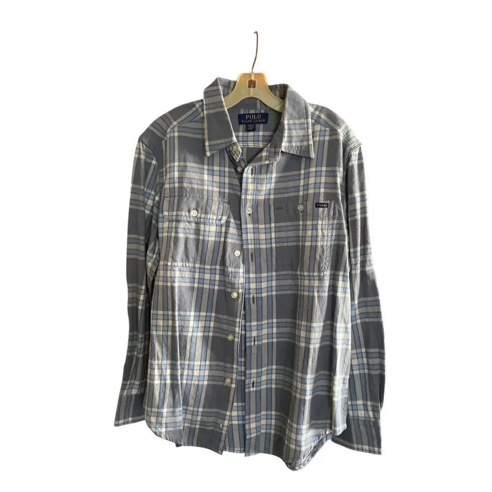 Polo, Ralph, Lauren boys, gray blue, and Ivory, long sleeve flannel shirt, 10/12